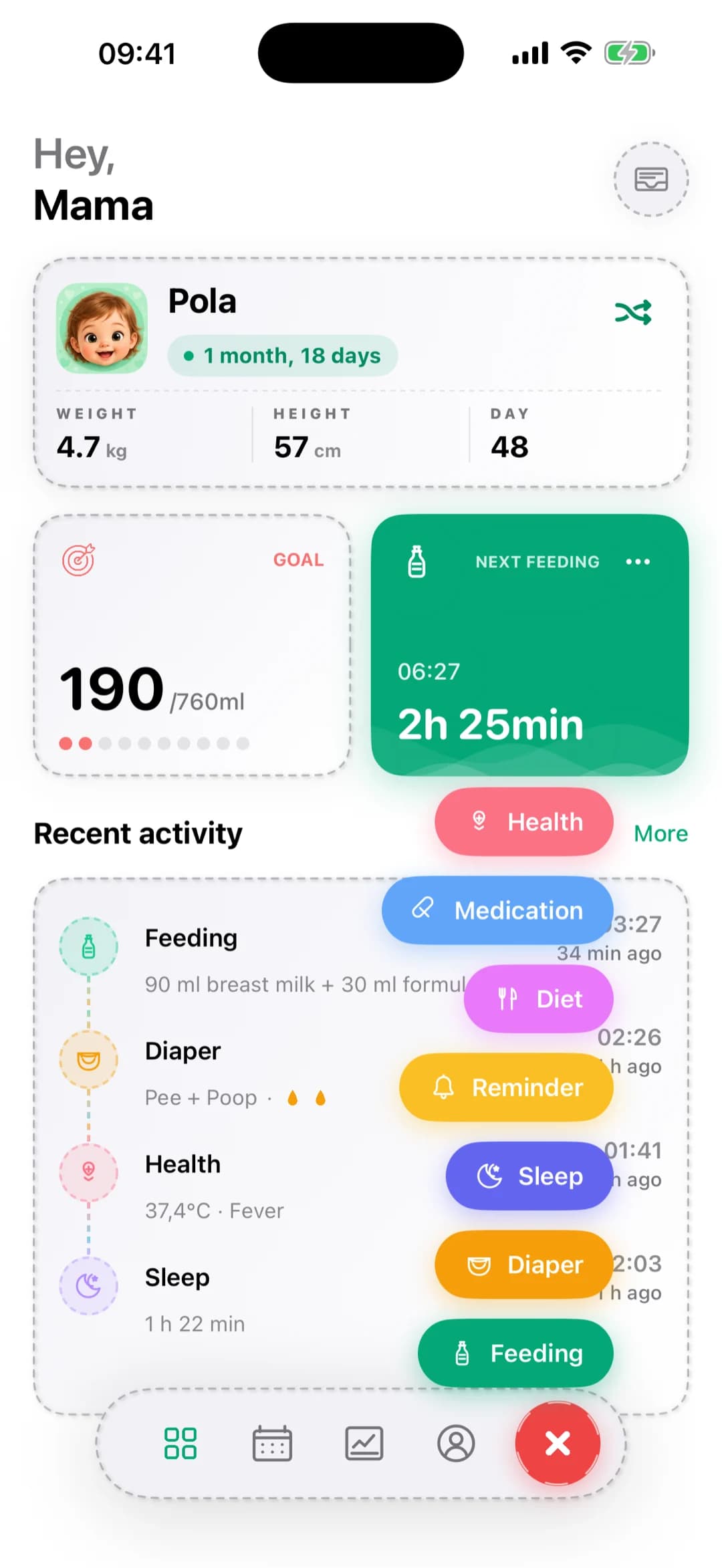 Pola quick-add menu — log any activity in one tap