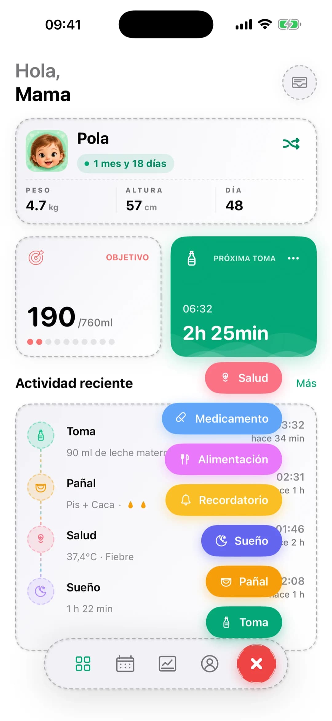 Menú de registro rápido de Pola — anota cualquier actividad con un toque