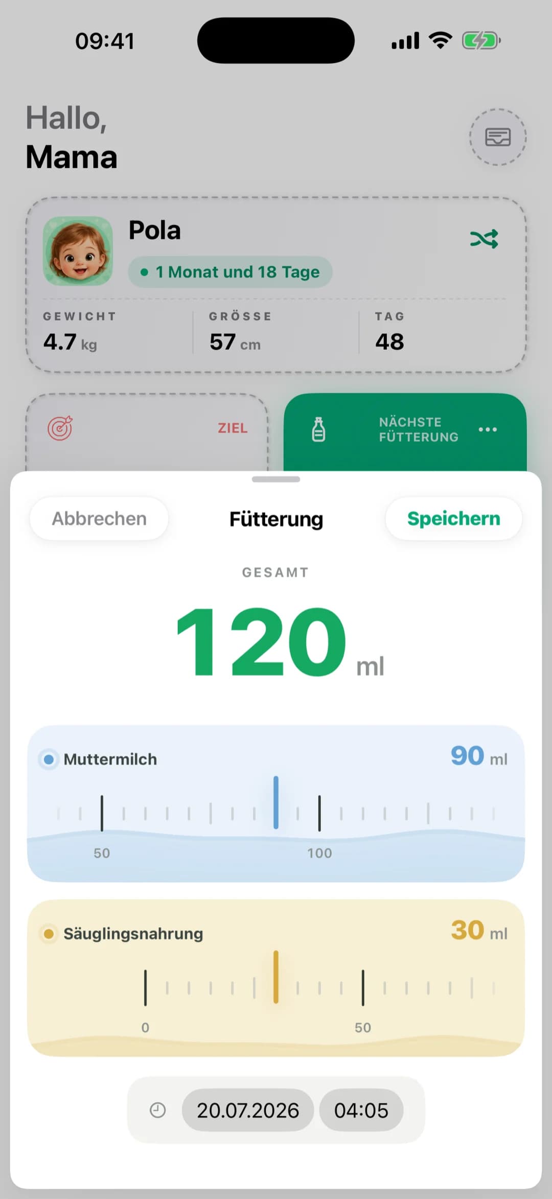 Pola Fütterungsdialog — eine Mahlzeit schnell erfassen