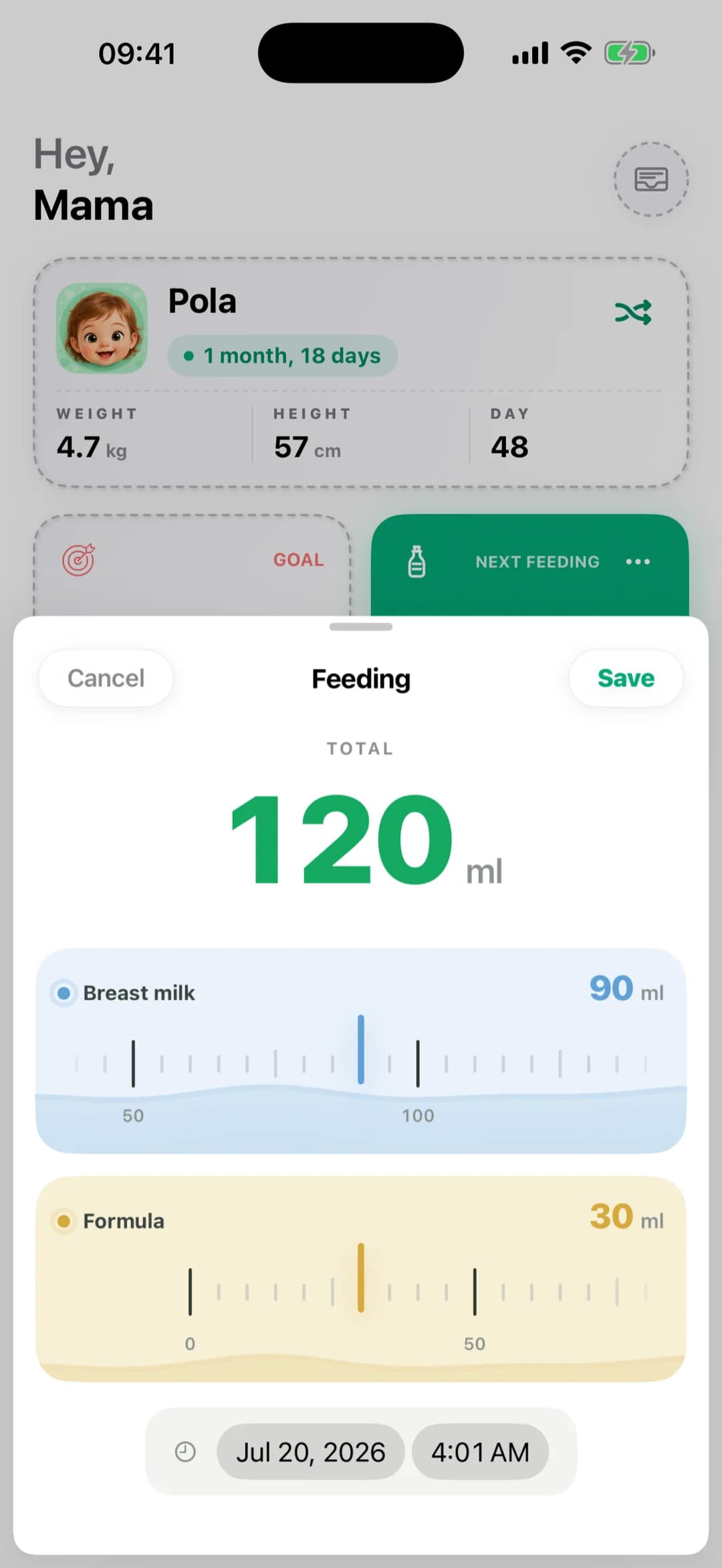 Pola feeding modal — quickly record a feeding