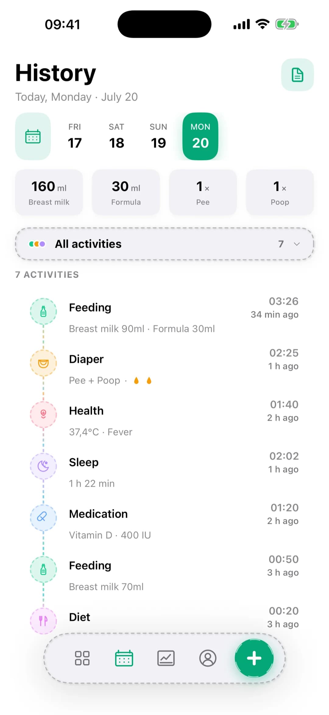 Pola history screen — your baby’s daily timeline