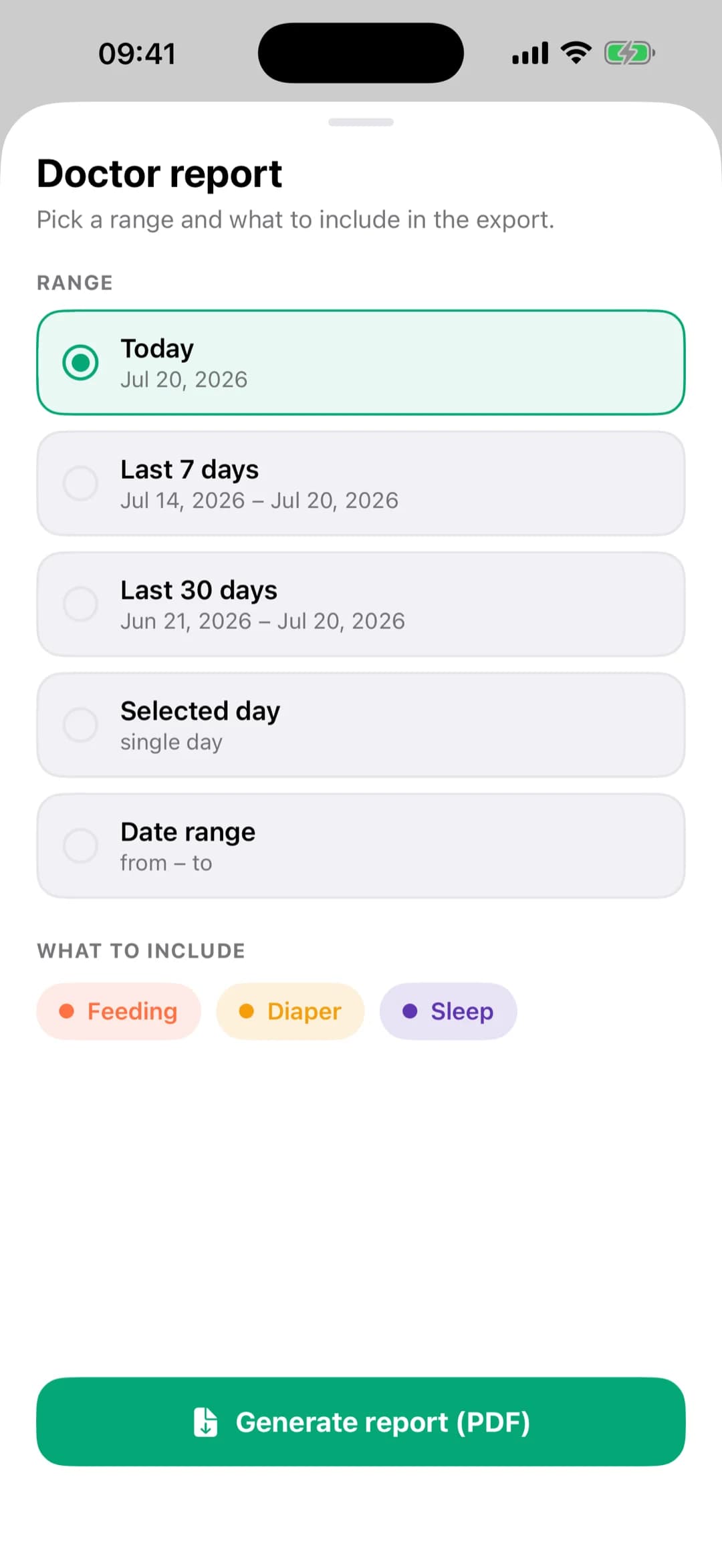 Pola doctor report — export a PDF for your pediatrician