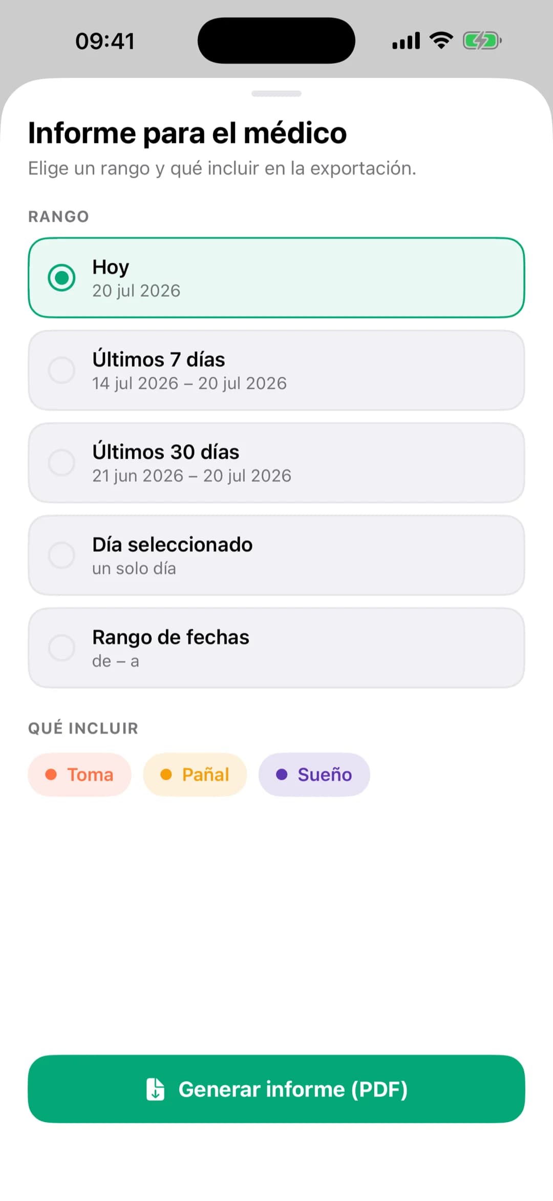 Informe para el médico de Pola — exporta un PDF para el pediatra
