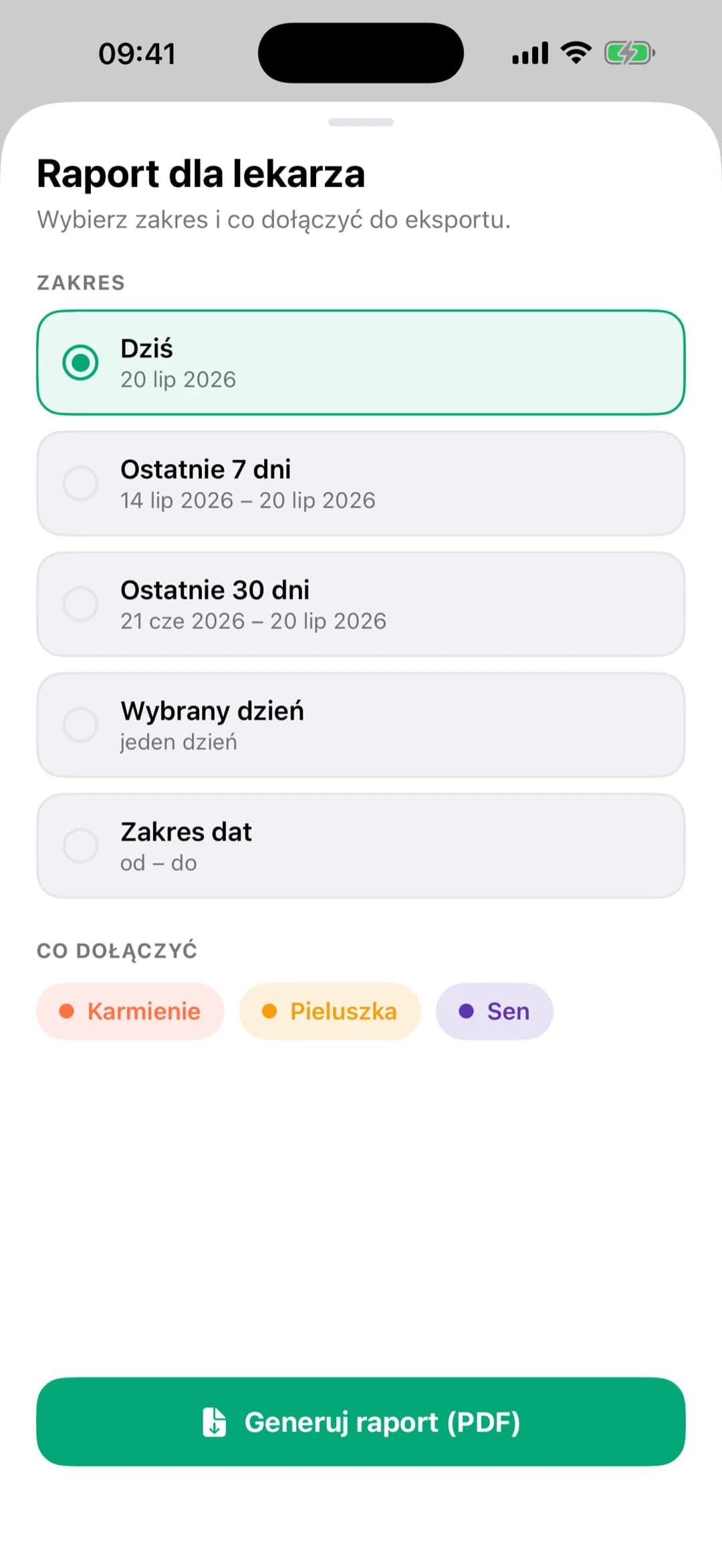 Raport dla lekarza w Poli — eksport PDF dla pediatry