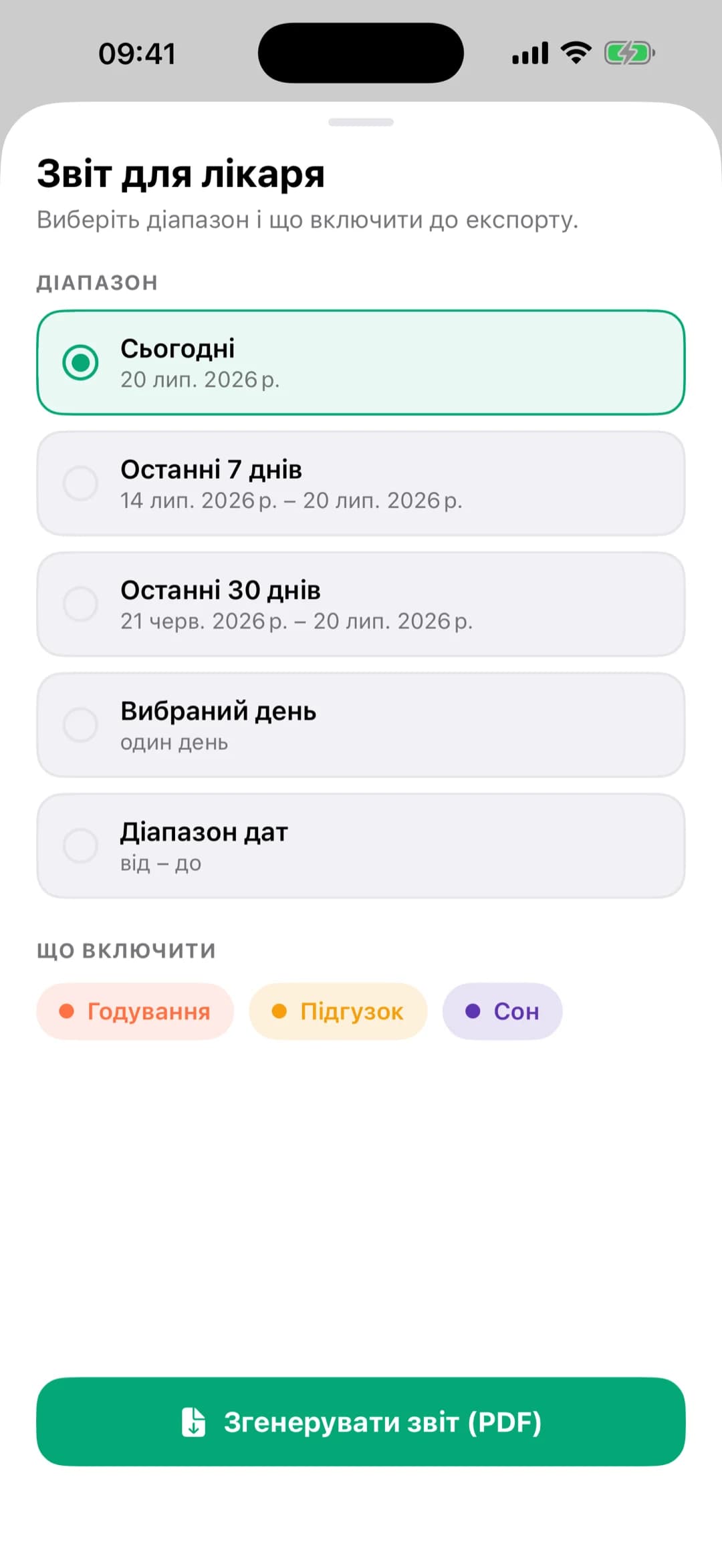 Звіт для лікаря в Pola — експорт PDF для педіатра