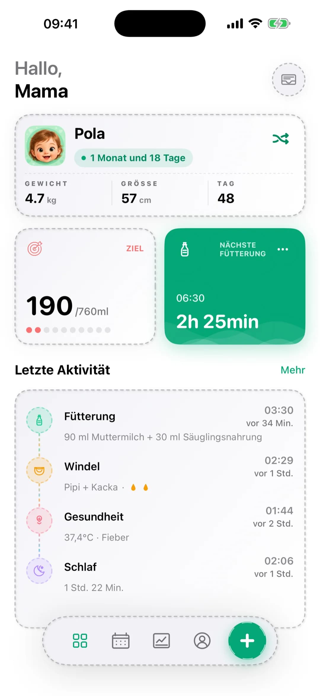 Pola Startseite — Tagebuch für Füttern, Schlaf und Windeln