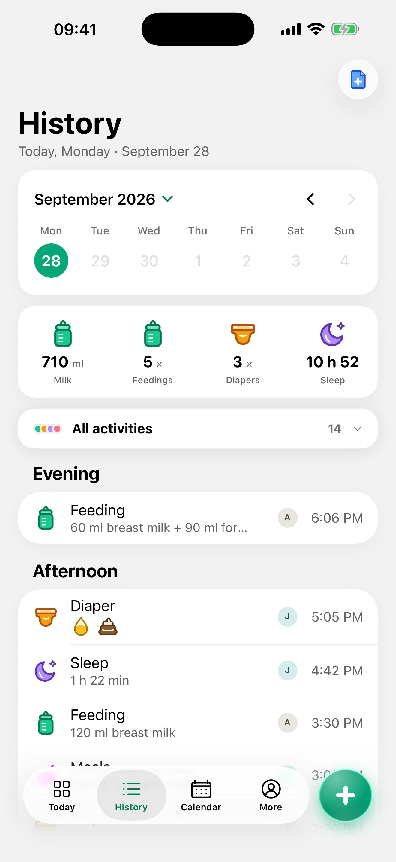 Feed, sleep and diaper history in the Pola app
