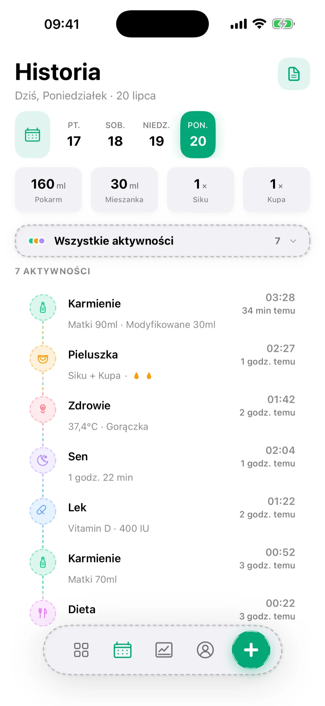 Historia karmień, snu i pieluch w aplikacji Pola