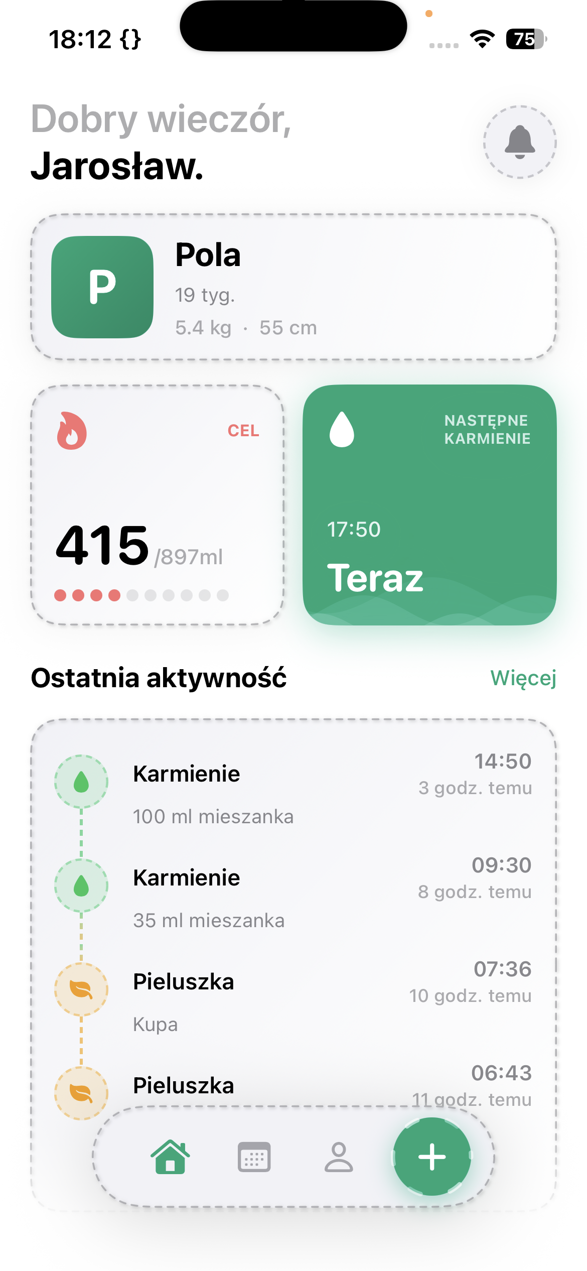 Ekran startowy aplikacji Pola — dziennik karmienia, snu i pieluszek