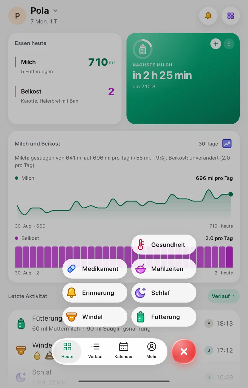 Plus-Menü der App Pola: Fütterung, Windel, Schlaf, Mahlzeiten, Gesundheit, Medikament und Erinnerung