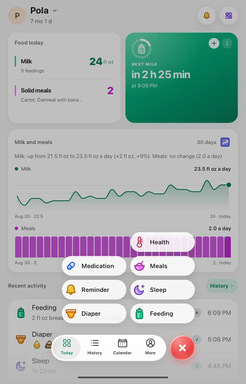 The + menu in the Pola app: Feeding, Diaper, Sleep, Meals, Health, Medication and Reminder