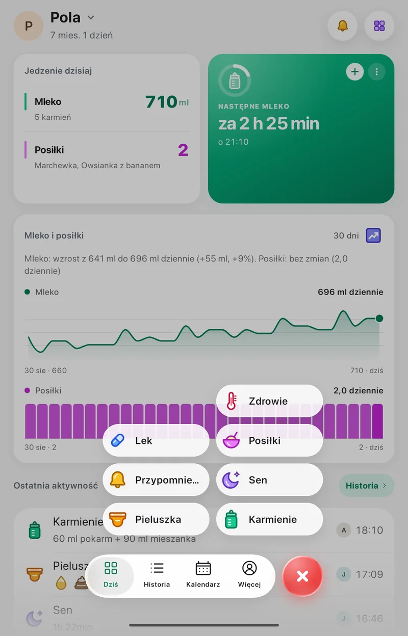Menu dodawania wpisu w aplikacji Pola: karmienie, pieluszka, sen, posiłki, zdrowie, lek i przypomnienie