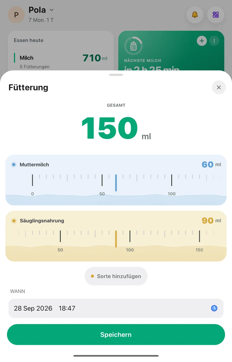 Bildschirm Fütterung in der App Pola: Muttermilch und Säuglingsnahrung als getrennte Mengen in ml