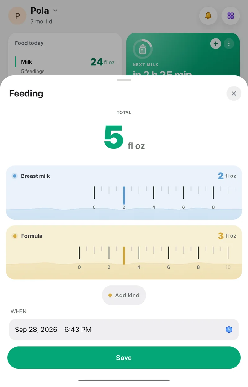 Adding a feed in the Pola app: separate amounts of breast milk and formula, and the time