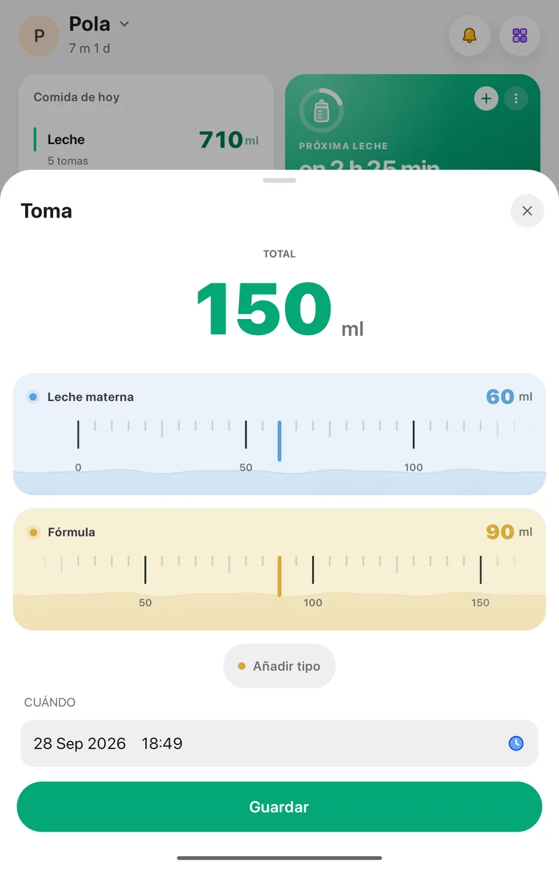 Pantalla Toma de la app Pola: cantidades de leche materna y fórmula en ml y la hora
