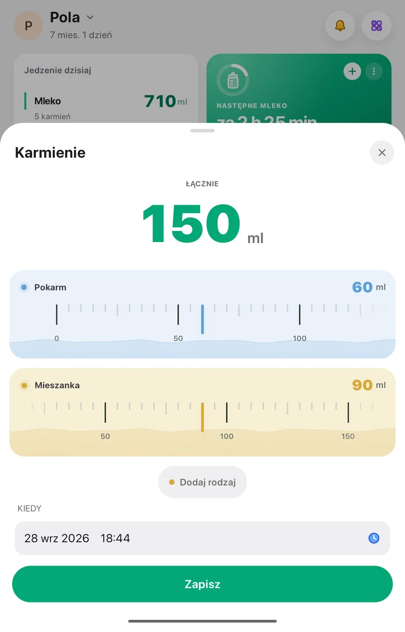 Ekran dodawania karmienia w aplikacji Pola: ilość pokarmu i mieszanki