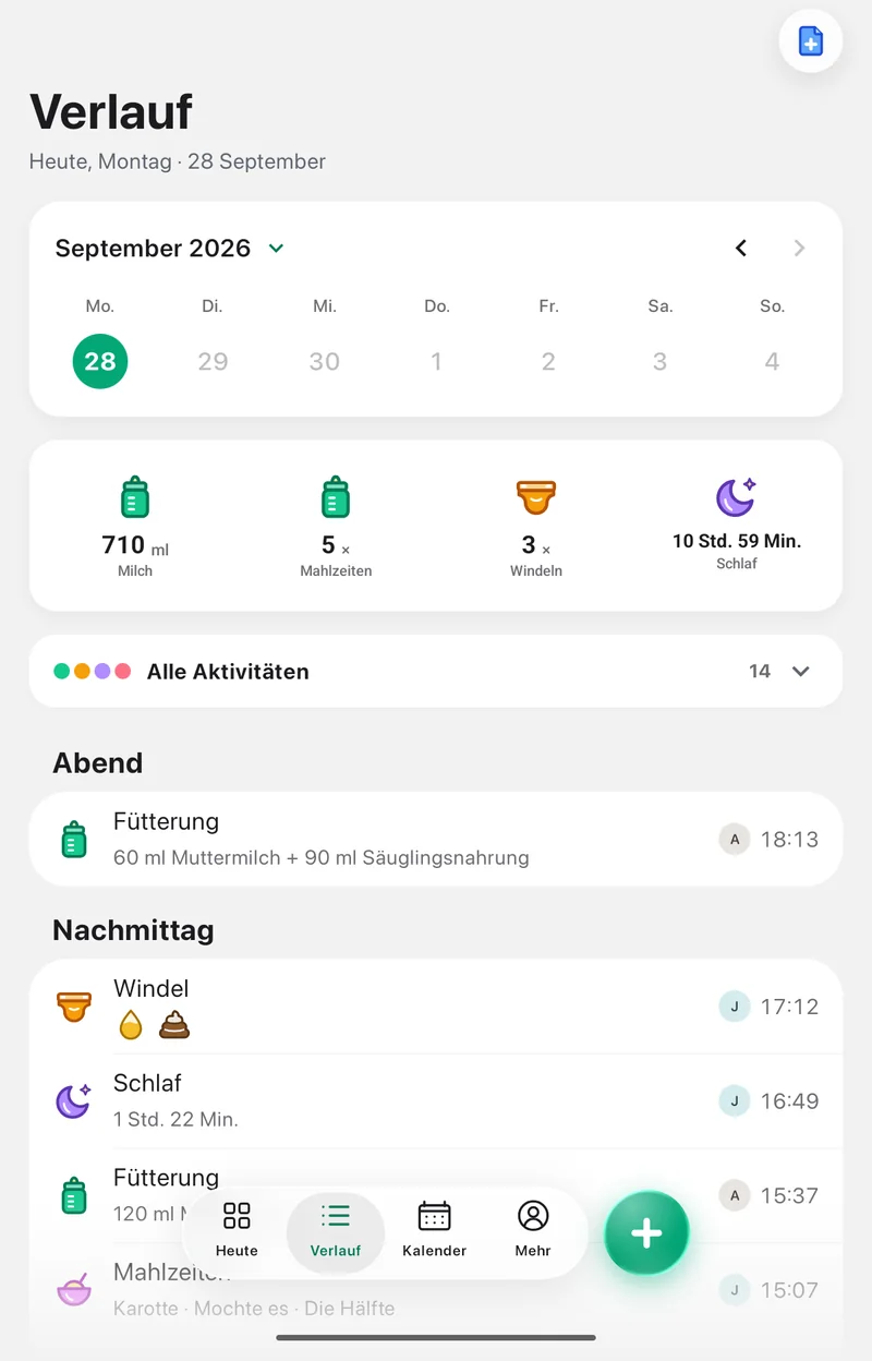 Bildschirm Verlauf in der App Pola: Schlaf zwischen Fütterungen, Windeln und Mahlzeiten eines Tages