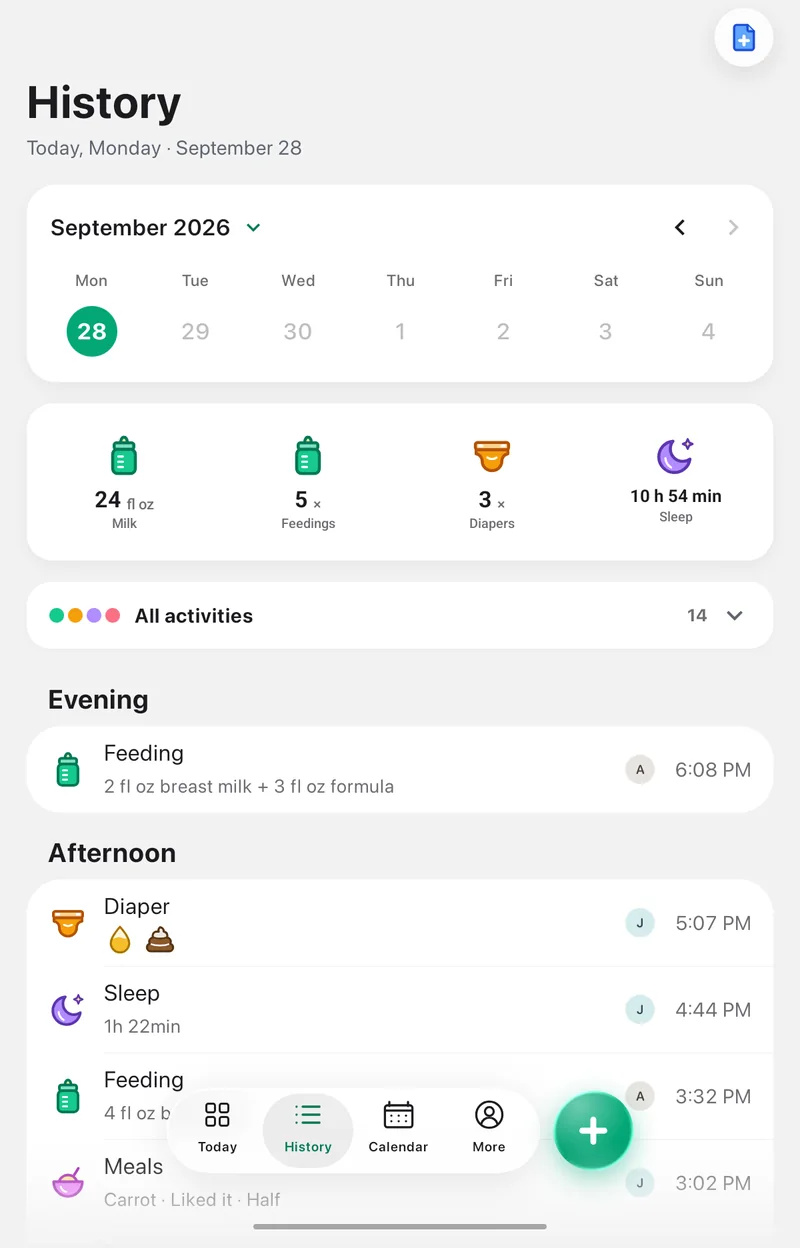 The History screen in the Pola app: one day with sleep next to feeds, diapers and meals