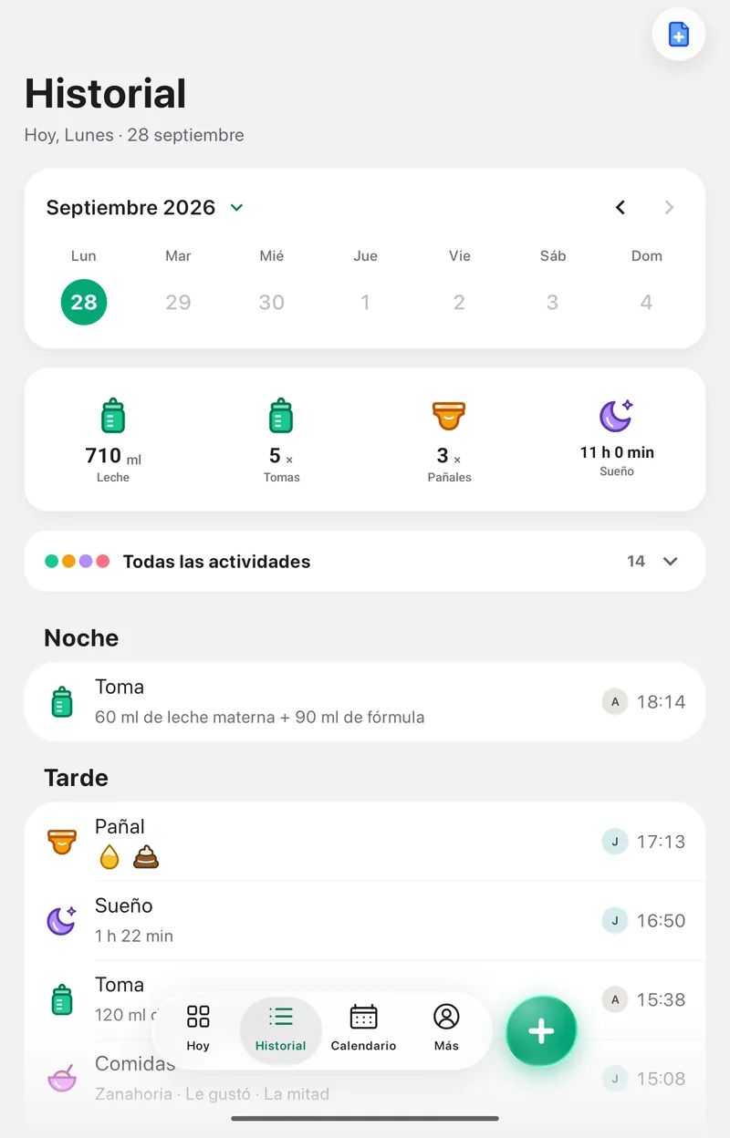 Pantalla Historial de la app Pola: sueño, tomas, pañales y comidas de un día en una sola lista