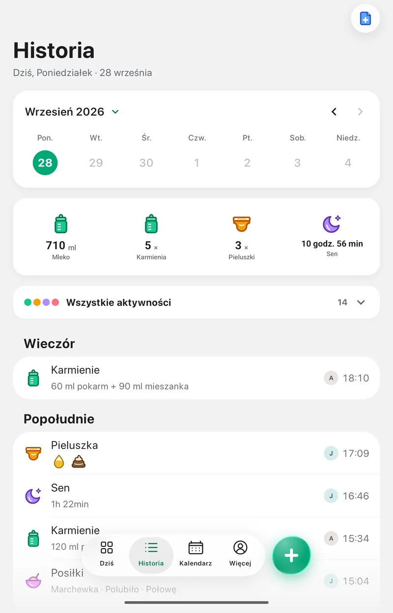 Ekran Historia w aplikacji Pola: sen obok karmień, pieluch i posiłków z jednego dnia
