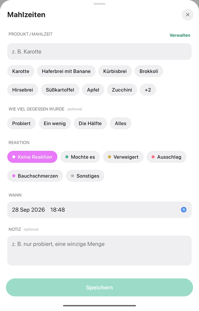 Bildschirm Mahlzeiten in der App Pola: Lebensmittel, wie viel gegessen wurde, Reaktion, Uhrzeit und Notiz