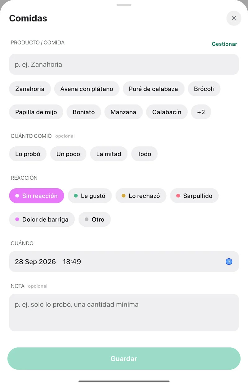 Pantalla Comidas de la app Pola: alimento, cuánto comió, reacción, hora y nota