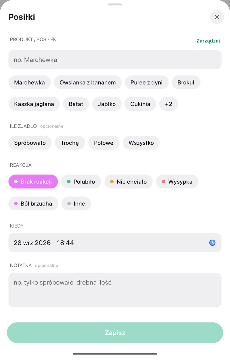Ekran dodawania posiłku w aplikacji Pola: produkt, ile zjadło, reakcja, godzina i notatka