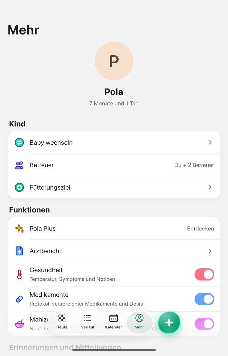 Bildschirm Mehr in der App Pola mit dem Eintrag Betreuer im Bereich Kind