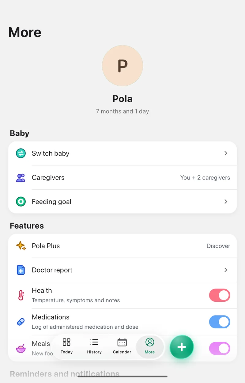 The More screen in the Pola app: Caregivers, Feeding goal and, under Features, Pola Plus, Doctor report and the Health and Medications toggles