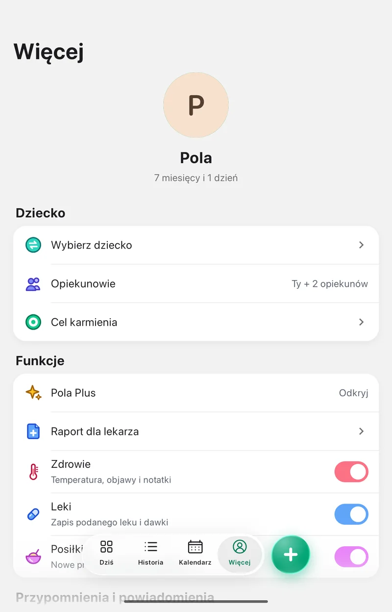 Ekran Więcej w aplikacji Pola: Opiekunowie, Cel karmienia i sekcja Funkcje