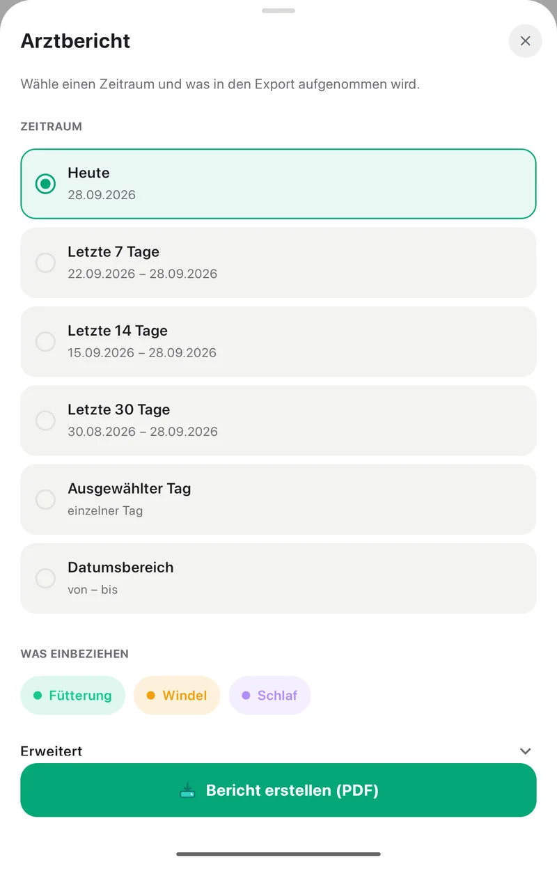 Bildschirm Arztbericht in der App Pola: Heute, Letzte 7, 14 und 30 Tage, Ausgewählter Tag und Datumsbereich