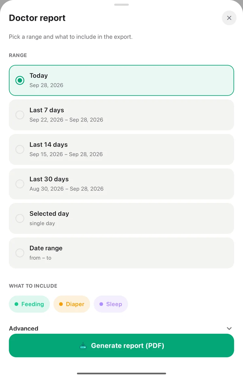 The Doctor report screen in the Pola app: the range options and the categories to include