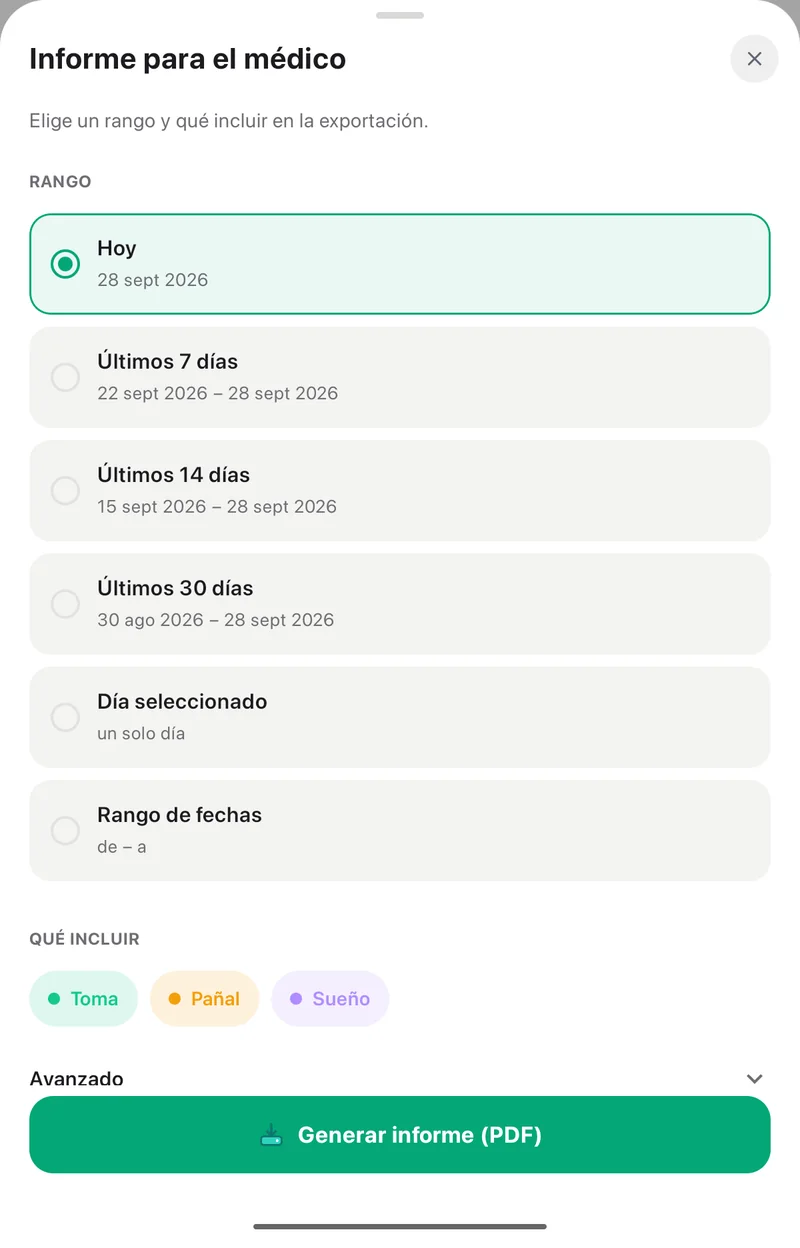 Pantalla Informe para el médico de la app Pola: Hoy, Últimos 7, 14 y 30 días, Día seleccionado y Rango de fechas